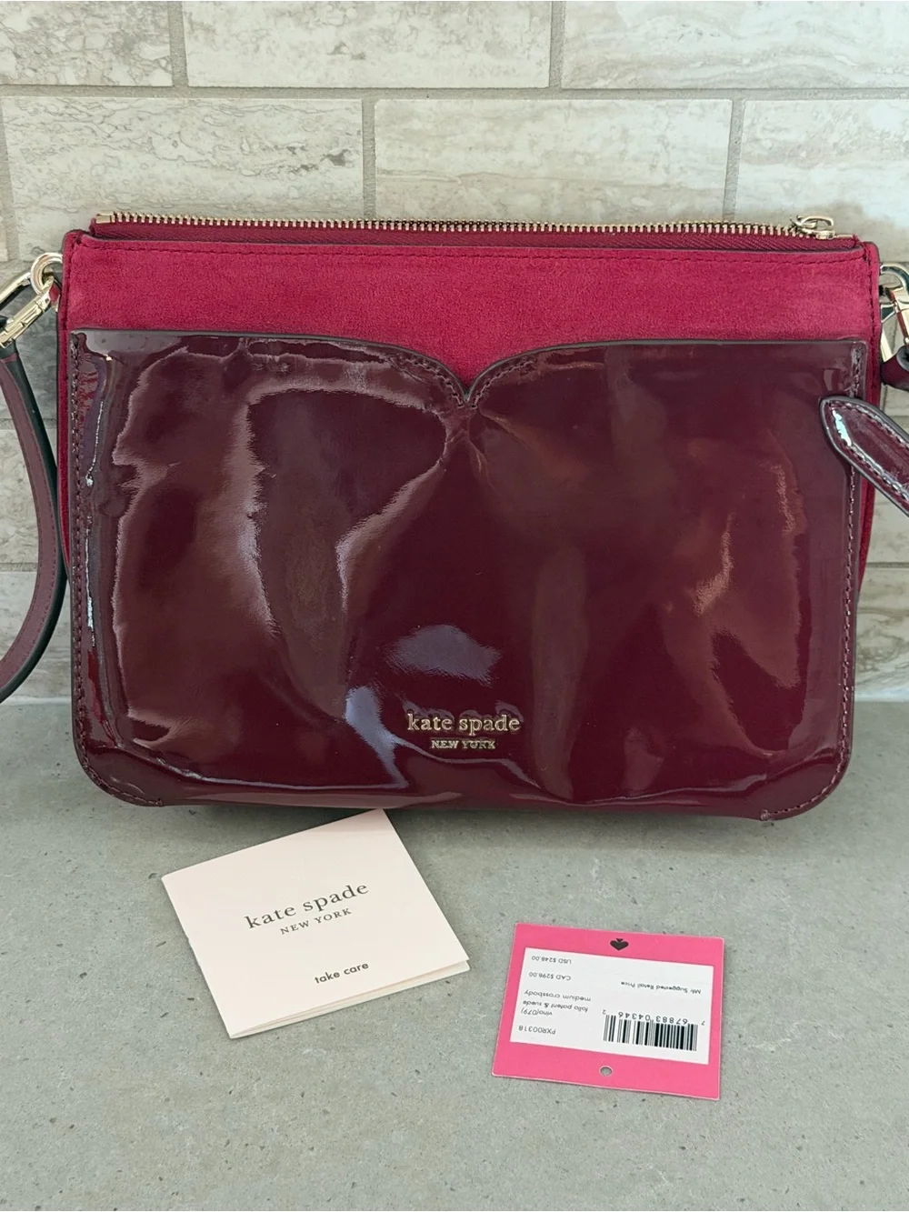 NWT Kate Spade New York Two-Tone Burgundy Red patent Leather & suede crossbody